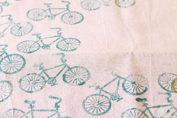 Block printed bicycle tote bag closeup
