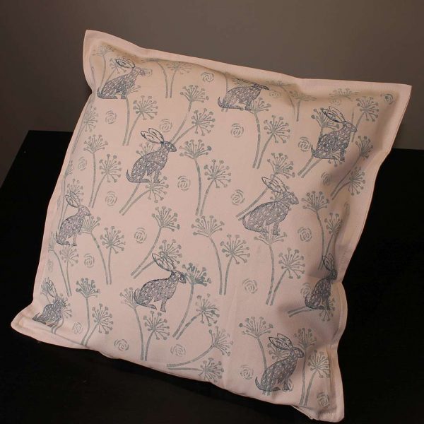 Block printed pink hare cushion cover