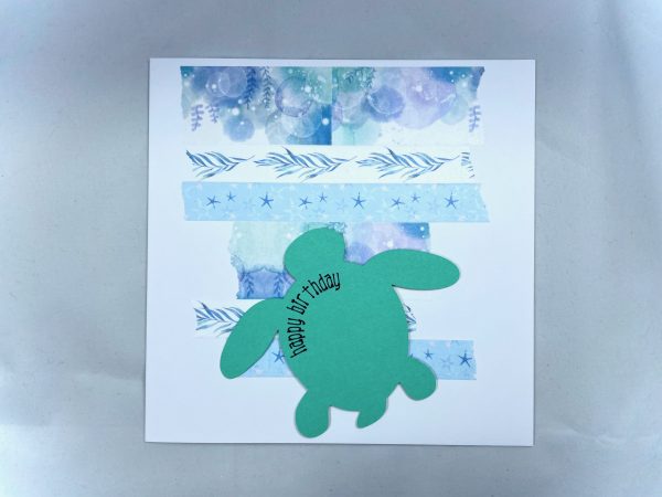 Sea life birthday card featuring a green turtle