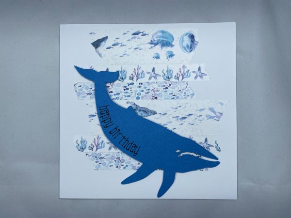 Sea life birthday card featuring a blue whale